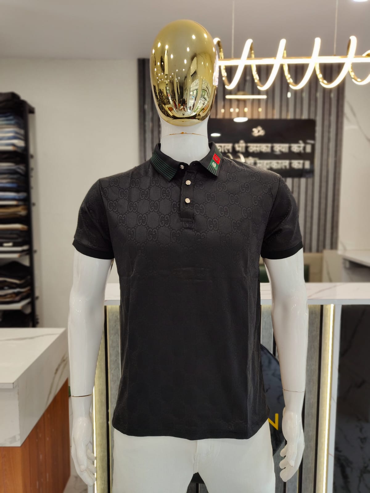 Men’s Black GUCCI-Inspired Monogram Polo T-Shirt – Luxury Replica Style
