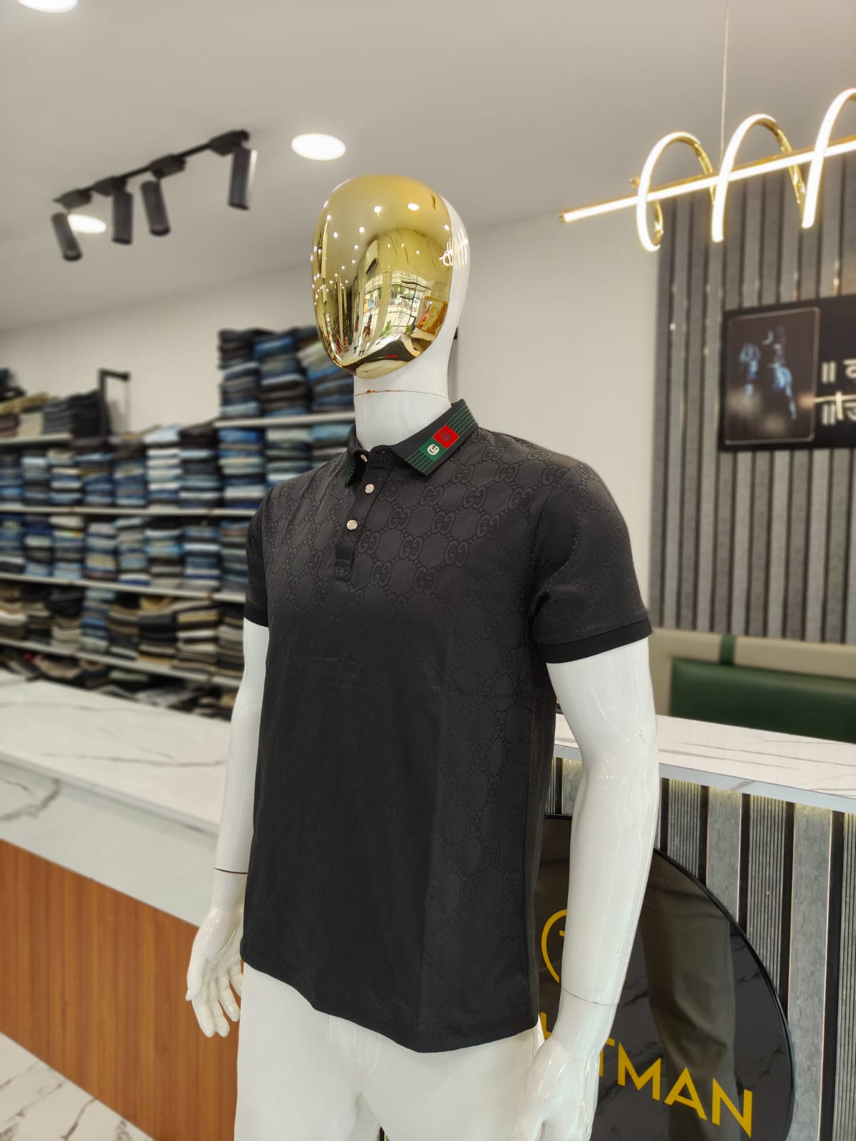 Men’s Black GUCCI-Inspired Monogram Polo T-Shirt – Luxury Replica Style