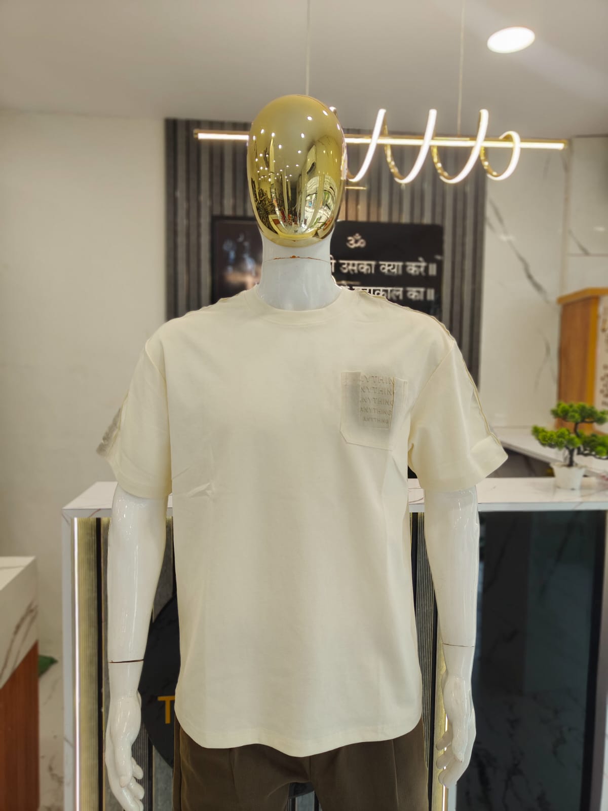 Men’s Minimalist Cream Pocket T-Shirt – “ANYTHING” Statement Edition